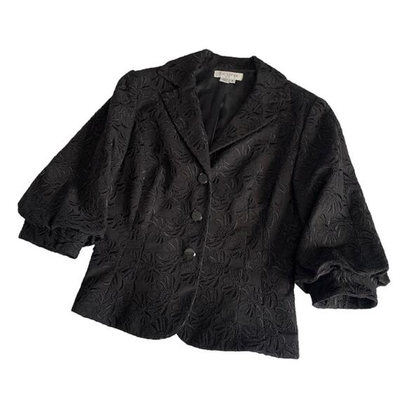 Kay Unger Black Floral Jacquard Button Front 3/4 Length Sleeves Blazer Jacket 8 - Picture 1 of 10